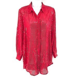 DKNY Rudolph Road red sequin shirt top blips extra long tunic NEW XS semi sheer